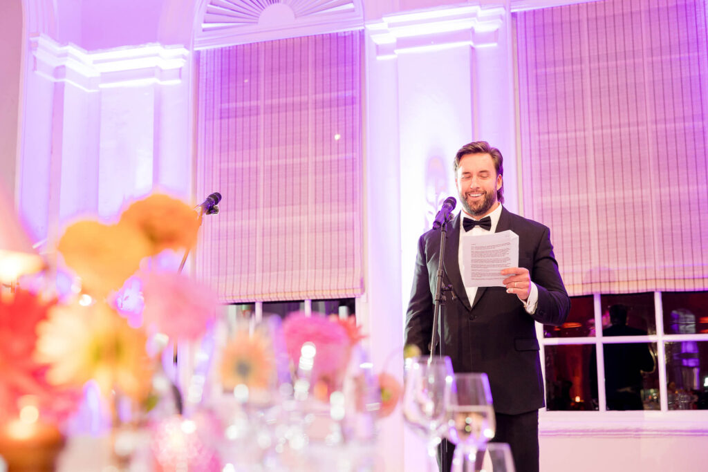 The best man gives a speech at the wedding breakfast at Blenheim Palace