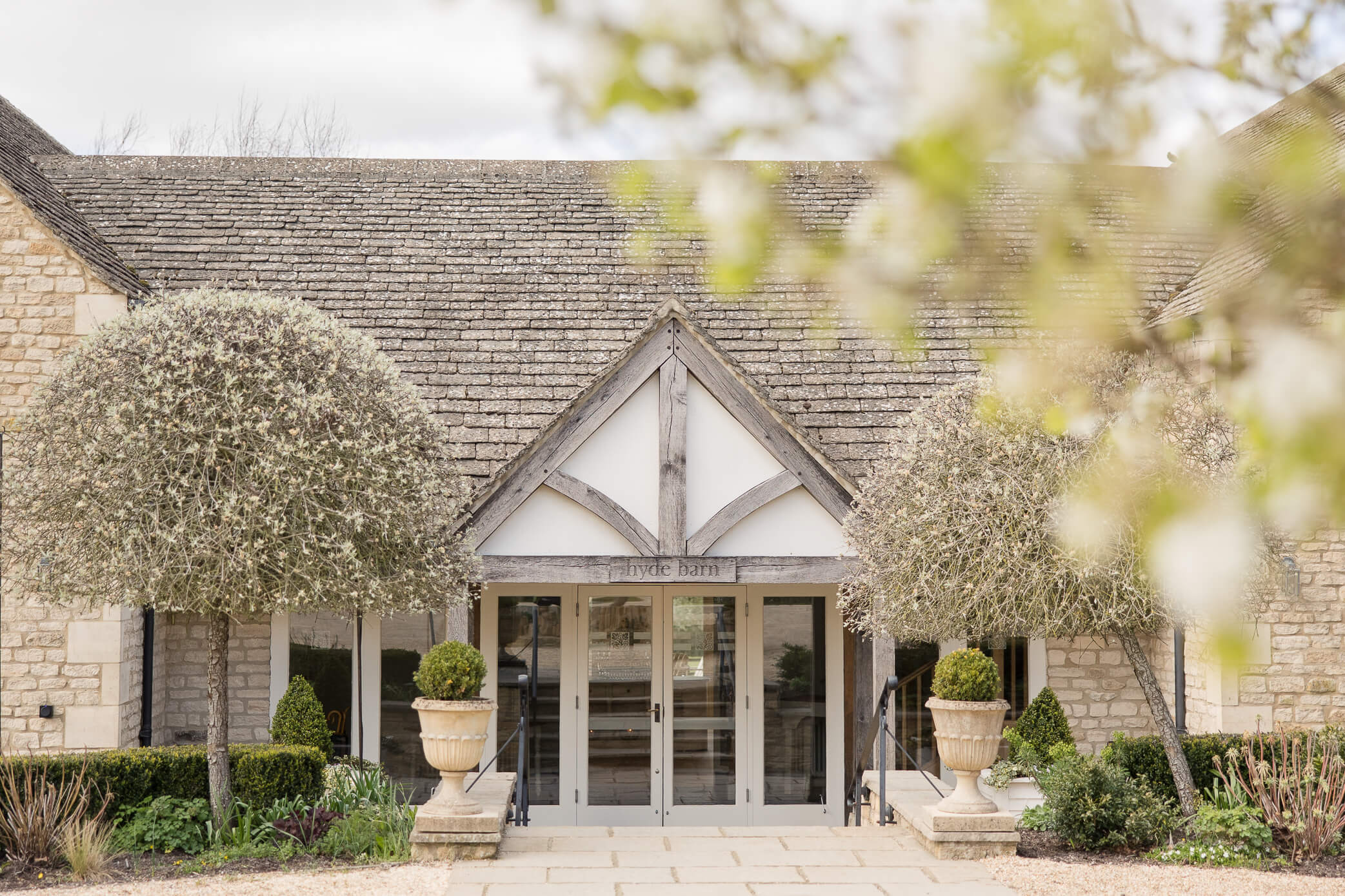 Outside the front of Hyde Barn, which hosts the wedding breakfasts and receptions