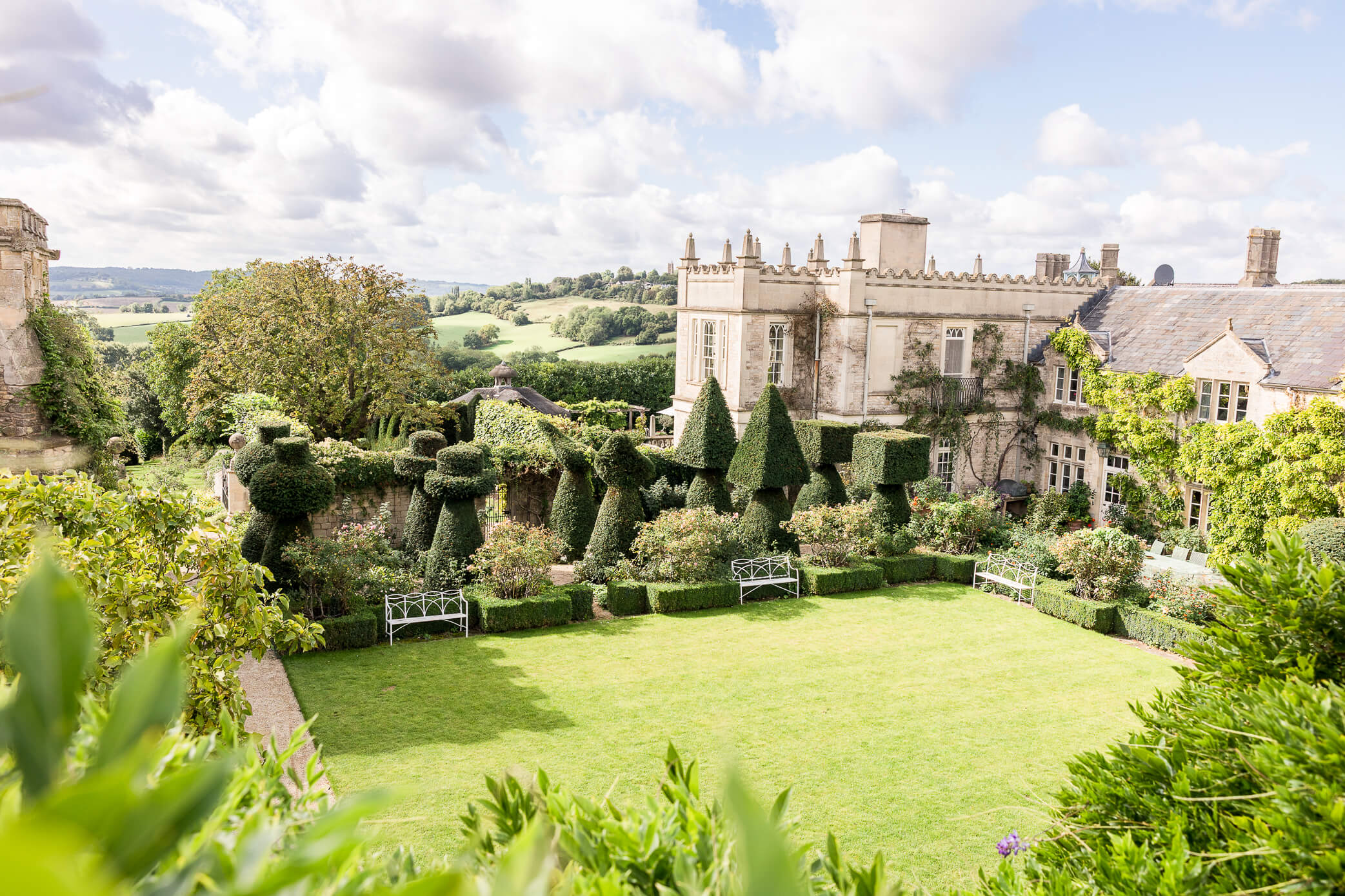 A view from atop of the Orangery terrace overlooking where a Euridge Manor wedding would take place and the surrounding countryside