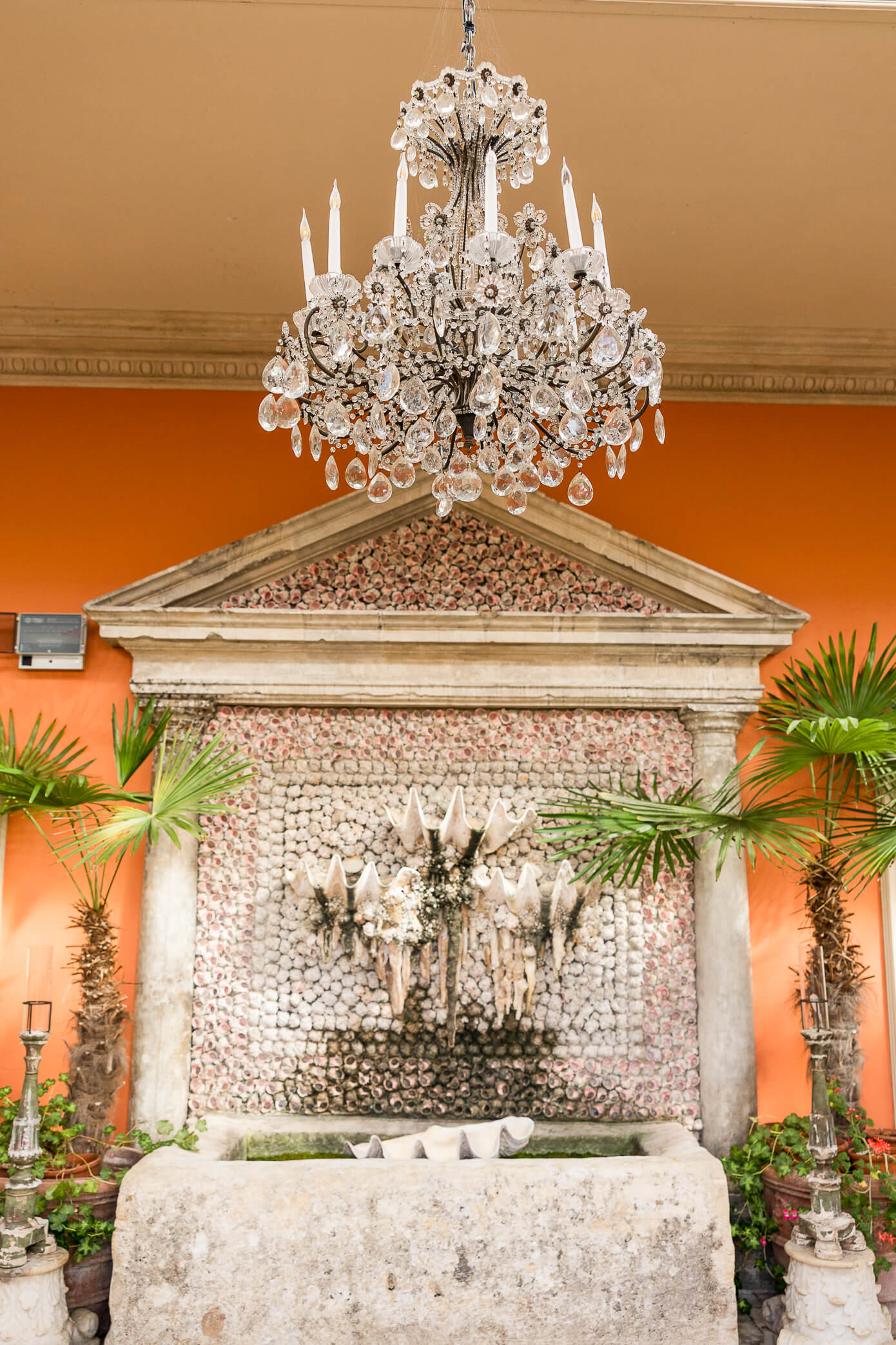 the crystal chandelier hanging inside the Orangery
